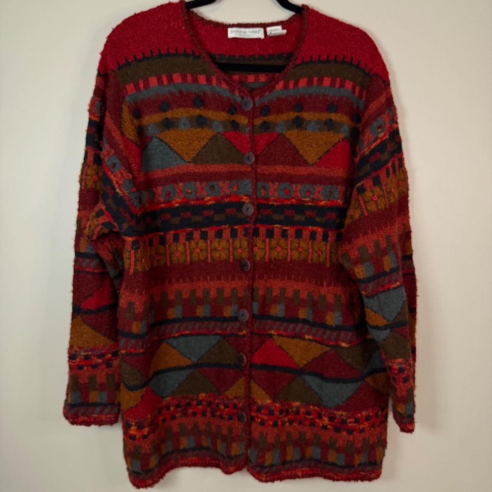 Jennifer Reed Women's 18 20W Red Geometric‎ Pattern Cardigan Sweater
